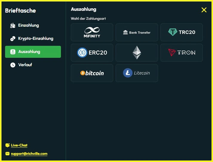 Alle verfügbaren Auszahlungsoptionen bei Richville Casino