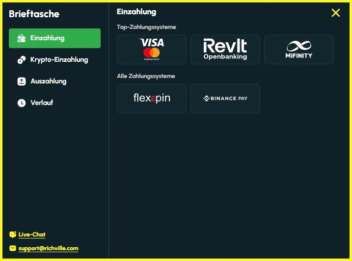 Übersicht aller Einzahlungsmethoden im Richville Casino