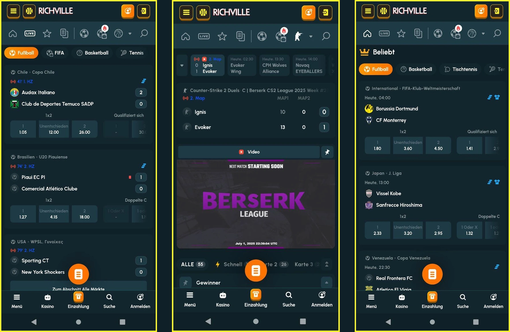 Live-Wetten auf Sportereignisse bei Richville Casino